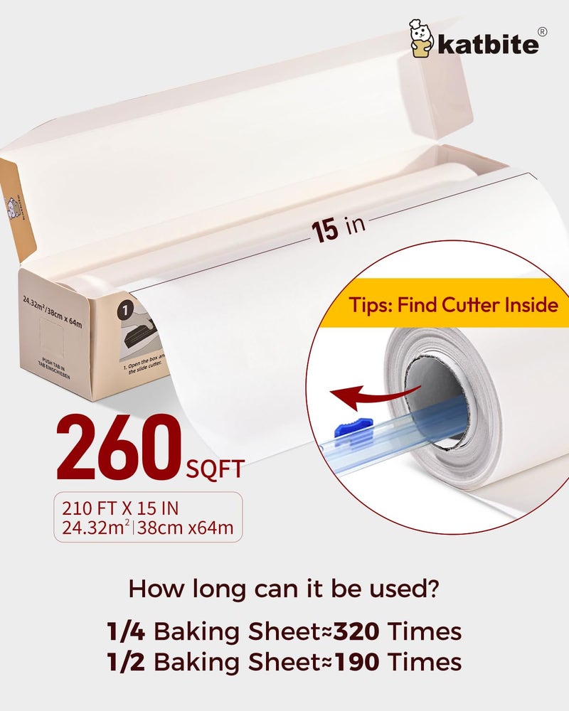 katbite لفافة ورق البرشمان كاتبايت للخبز، عبوة 2 من 15 بوصة × 210 قدم، ورق طهي ثقيل للخبز، الكعك، غير لاصق للفرن، المقلاة الهوائية، البخار، مكبس الحرارة مع 2 قطعة من قاطع الانزلاق - Image 2